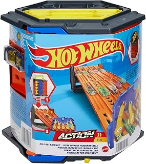 ​Hot Wheels Roll Out Raceway Track Set & 1:64 Toy Car | Storage Bucket Unrolls into 5-Lane Racetrack for Multi-Car Play, Connects to Other Sets, HGK41