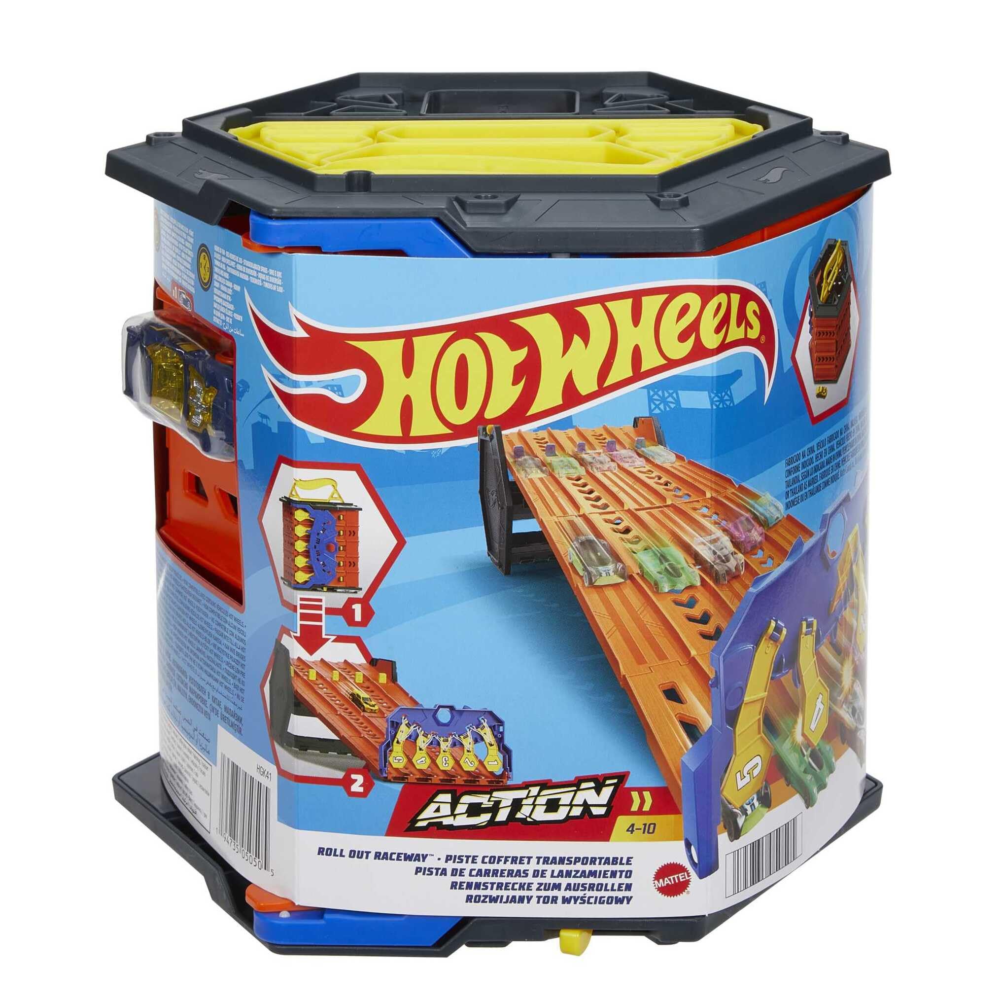 ​Hot Wheels Roll Out Raceway Track Set & 1:64 Toy Car | Storage Bucket Unrolls i