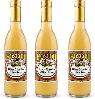 Boscoli Dirty Martini Olive Juice 12.7 oz - Pack of 3 | Three 12.7 oz bottles of olive brine mixer for dirty martinis, savory cocktails and measured recipe use.