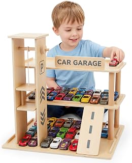 Woodtoe Wooden Display Case, 1/64 Scale Diecast Toy Car Shelf for Kids 3+ | Parking Garage Design with Ramp & Lift, Fits Hot Wheels & Matchbox 70 Cars, Model Car Storage Organizer,Toy Car Display Shelf