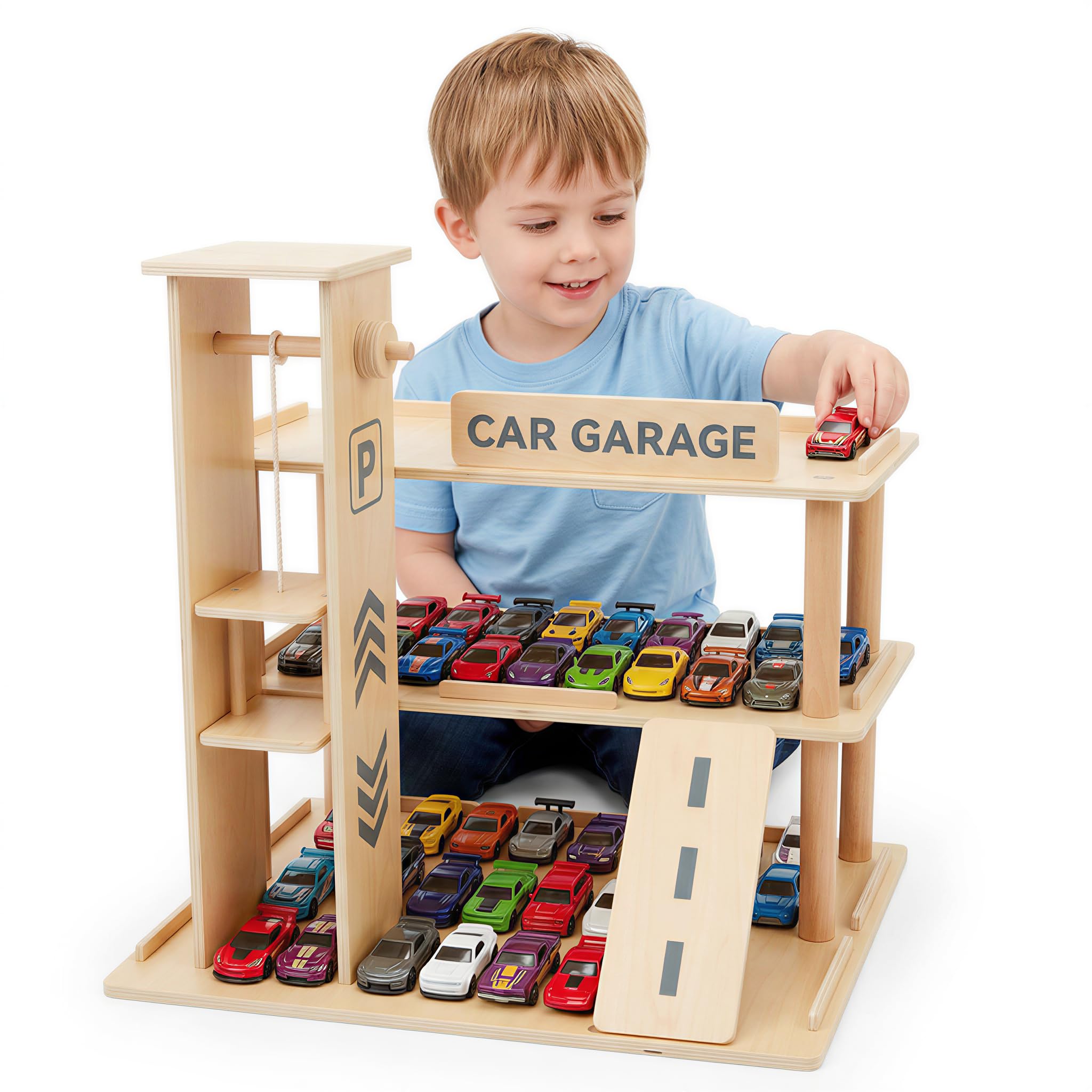 Woodtoe Wooden Display Case, 1/64 Scale Diecast Toy Car Shelf for Kids 3+ | Park