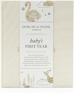 Duncan &amp; Stone Baby Book First Year Memory Keepsake, Linen, Cream | Record milestones, photos &amp; ultrasounds in a 112-page linen baby book; a boy or girl new mom keepsake gift