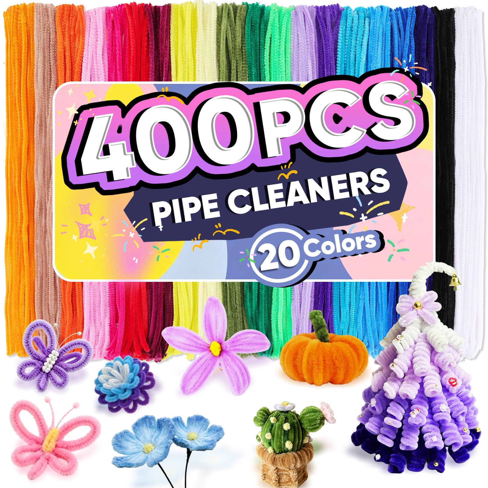 400 PCS Pipe Cleaners Bulk, 20 Colors Chenille Stems Pipe Cleaners Craft | Pipe 
