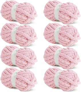 Hombys Pink Chunky Chenille Yarn for Crocheting & Knitting, Super Bulky Yarn for Blankets, Soft Plush Yarn, 8 Jumbo Packs (27 yds, 8 oz Each)