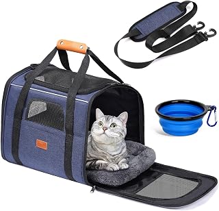 Morpilot Cat Carrier - Airline Approved, Top Opening Portable Dog Bag with Breathable Mesh/Removable Mat, Adjustable Shoulder Strap & Bowl, Foldable Travel Cage, L, Denim Blue (Max 9kg)