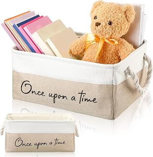 Marsui 1 Pcs Book Storage Basket Book Bin Once Upon a Time, White Brown | Gift for Book Club Members, To Be Read Organizer, Linen Canvas Bin with Handles for Reading Accessories Bookworm Decor