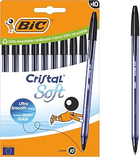 Bic Cristal Soft Ballpoint Pens – Smooth Easy-Glide Ink – Medium 1.2mm Tip – Comfortable Writing – Black – School & Office Supplies – Pack of 10