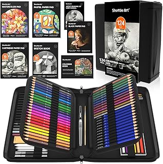 Shuttle Art Colored Pencils, 124 Pieces, Drawing, Watercolor, Oil-Based, Pastel, Metallic Colors, Sketching, Illustration, Graffiti, Eraser, Watercolor Paper, Black Drawing Paper, Adult Coloring Book