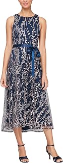 Alex Evenings Women's Sleeveless Midi Dress With Elegant Embroidery, Full Skirt and Tie Belt (Petite and Regular Sizes)