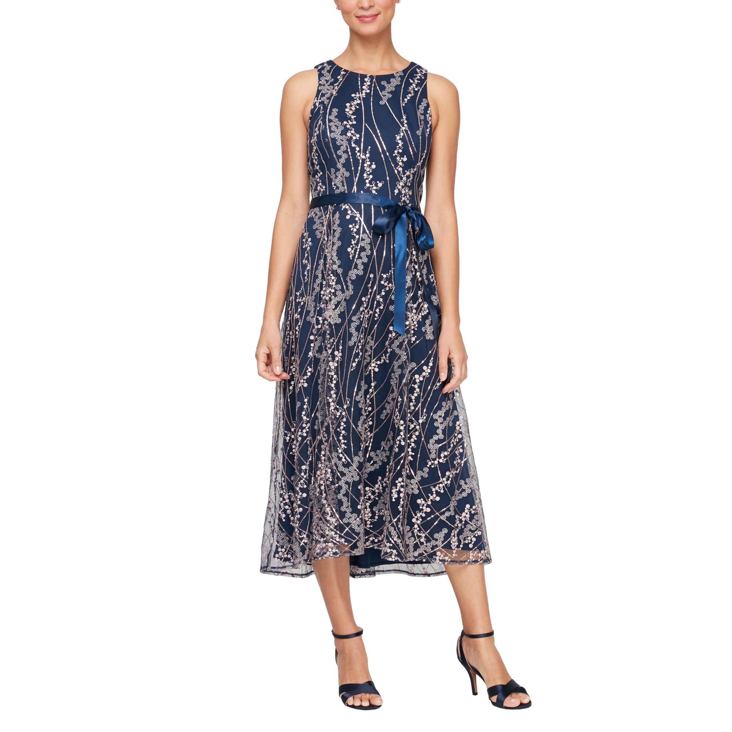 Alex Evenings Women's Sleeveless Midi Dress With Elegant Embroidery, Full Skirt 