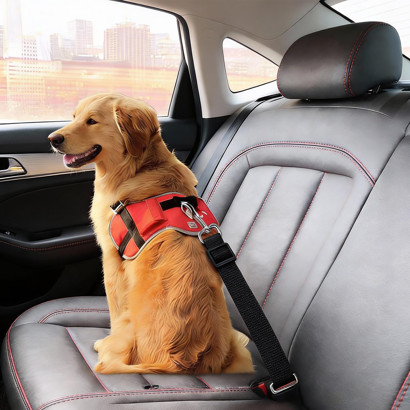 Dog Seat Belt, Adjustable Nylon Pet Car Seat Belt with Elastic Bumper, Durable a