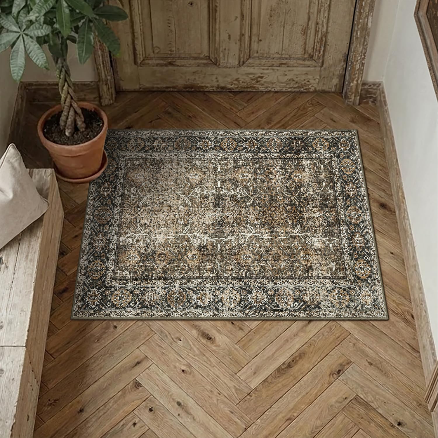 PureCozy Washable Area Rug 2x3 Brown Vintage Non Slip Carpet