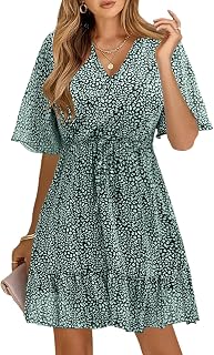 KIRUNDO Womens Summer Dresses 2026 Casual Spring Short Sleeve V Neck Ruffle Floral Print High Waist Belted Flowy Mini Dress