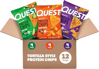 Quest Nutrition Tortilla Style Protein Chips Variety Pack, 12 Count | Chili Lime, Nacho Cheese, Loaded Taco, 3 Each Flavor, 18-20g Protein, 3-4g Net Carbs, Gluten Free, Individual 1.1oz Bags