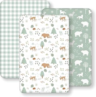FIEMOL Next to Me Crib Sheets 85x51cm Fitted, 3 Pack Baby Cot Sheets, Ultral Soft & Silky Smooth Microfiber Bedside Crib Fitted Sheets Green Forest Bear