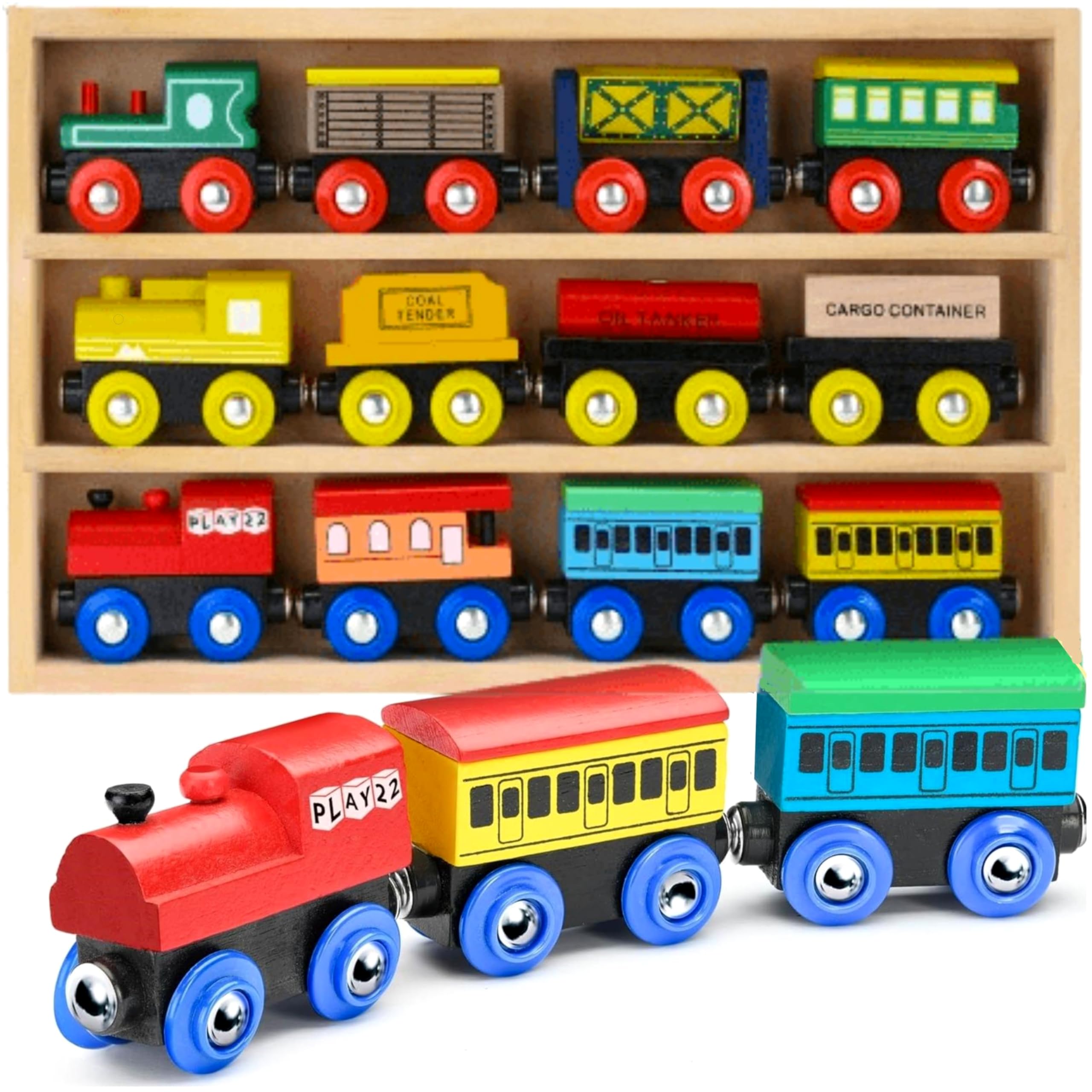 Wooden Train Set 12 PCS – Magnetic Train Toys Set for Boys & Girls | Includes 3 