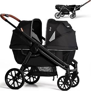 Weego Lightweight Wagon Stroller for 2 Kids, Foldable All-Terrain, Black | Double stroller wagon with removable canopy, adjustable push-pull handle, snack tray, cup holders and storage basket.