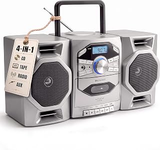 Emerson EPB-4000 Portable CD Cassette Boombox with AM/FM Radio - Silver | With CD-R & CD-RW. Tape Recording. Detachable Speakers. X-BASS. AUX Input. Built-In Microphone. AC or Battery Power.