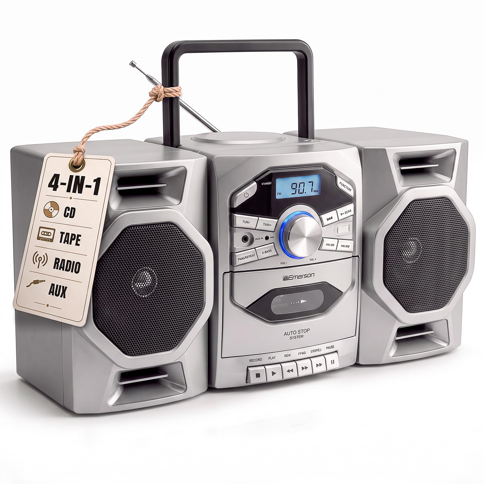 Emerson EPB-4000 Portable CD Cassette Boombox with AM/FM Radio - Silver | With C