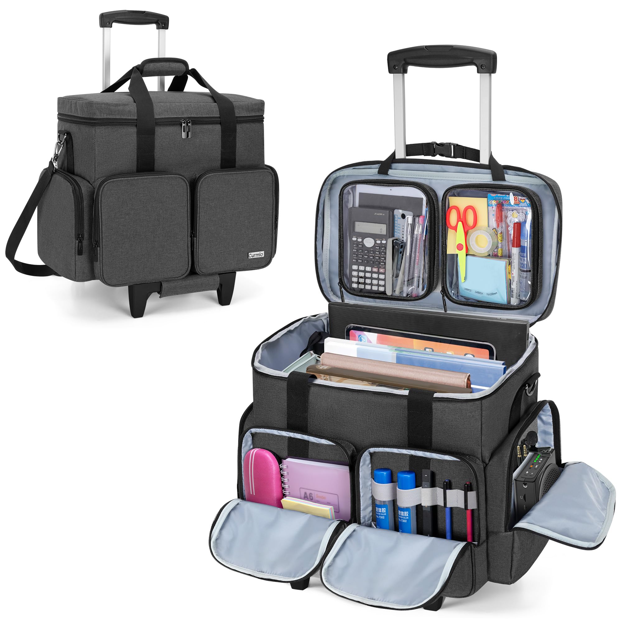 CURMIO Rolling Teacher Tote Bag, Teacher Work Bag with Trolley, Black