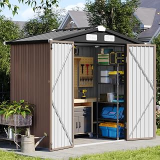 Aoxun 6x4 FT Outdoor Storage Shed, Brown | with Lockable Doors Metal Tool Shed Bike Shed for Backyard, Patio, Poolside