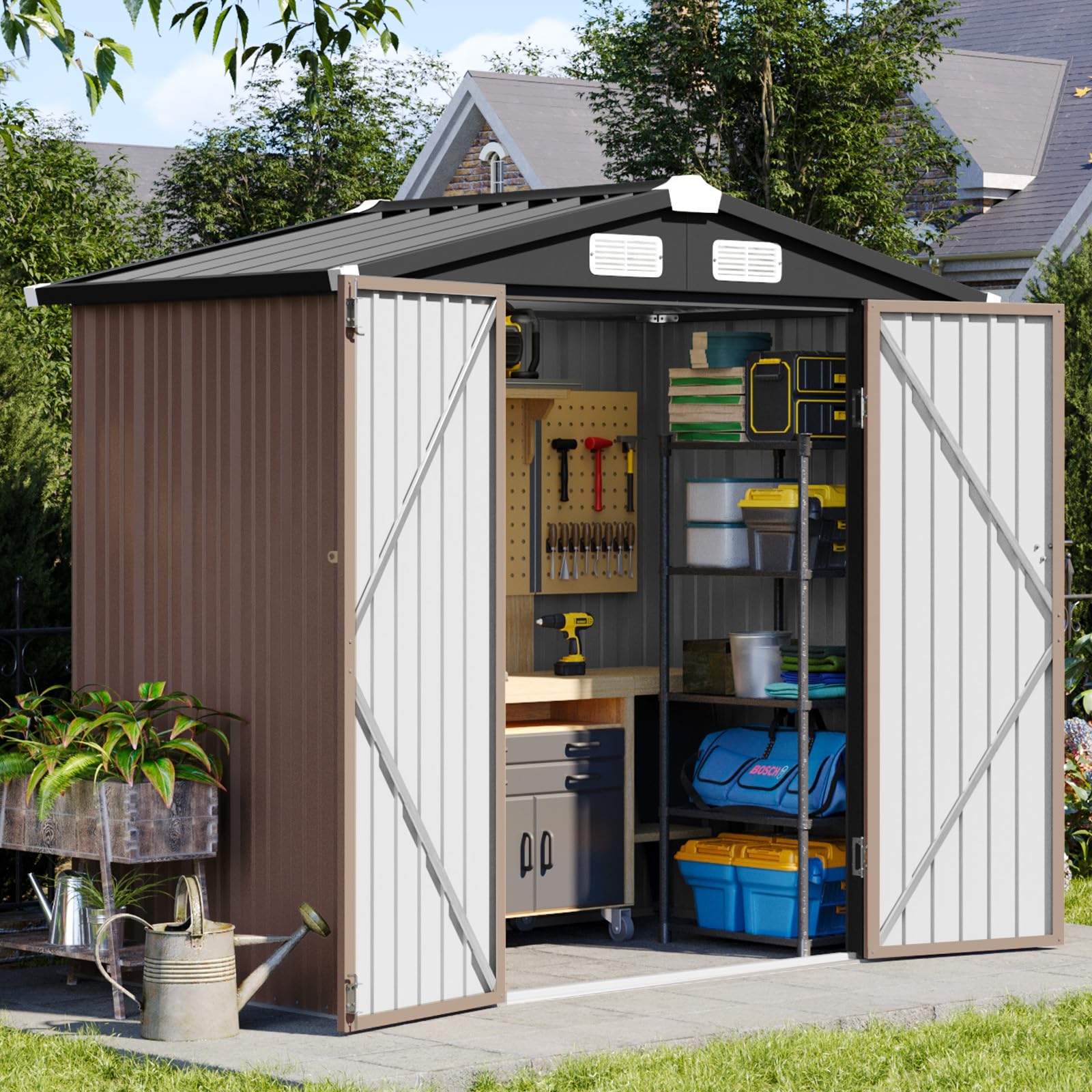 Aoxun 6x4 FT Outdoor Storage Shed, Brown | with Lockable Doors Metal Tool Shed B