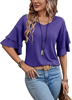 Sialois 3/4 Length Sleeve Tops Womens Blouses Ruffle V Neck Shirts Casual Tunic Spring Fall Clothes