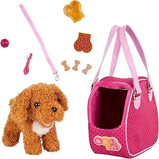 Our Generation Hop in Dog Carrier, Poodle Plush Pet Set for Dolls | 11-piece 18-inch doll pet accessory set with 6-inch poodle plush, carrier, leash, bowls, treats, ball, toothbrush, 3+ Years