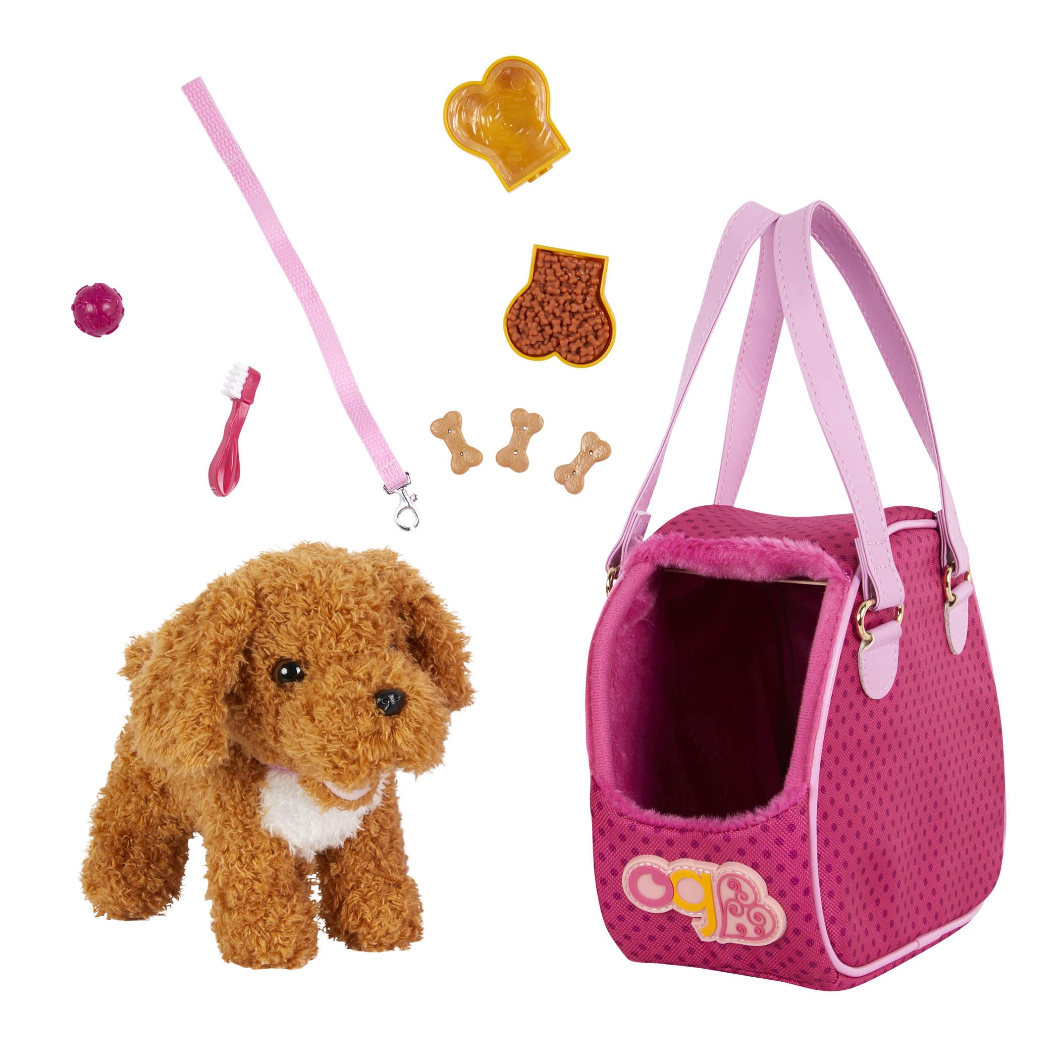 Our Generation Hop in Dog Carrier, Poodle Plush Pet Set for Dolls | 11-piece 18-