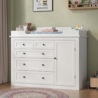 47"Baby Dresser with Large Table Top, White Baby Changing Table with Drawer | Modern Nursery Dresser with Adjustable Shelf & Door Shelf, 5 Drawer, Diaper Changing Station for Kids Bedroom (White)