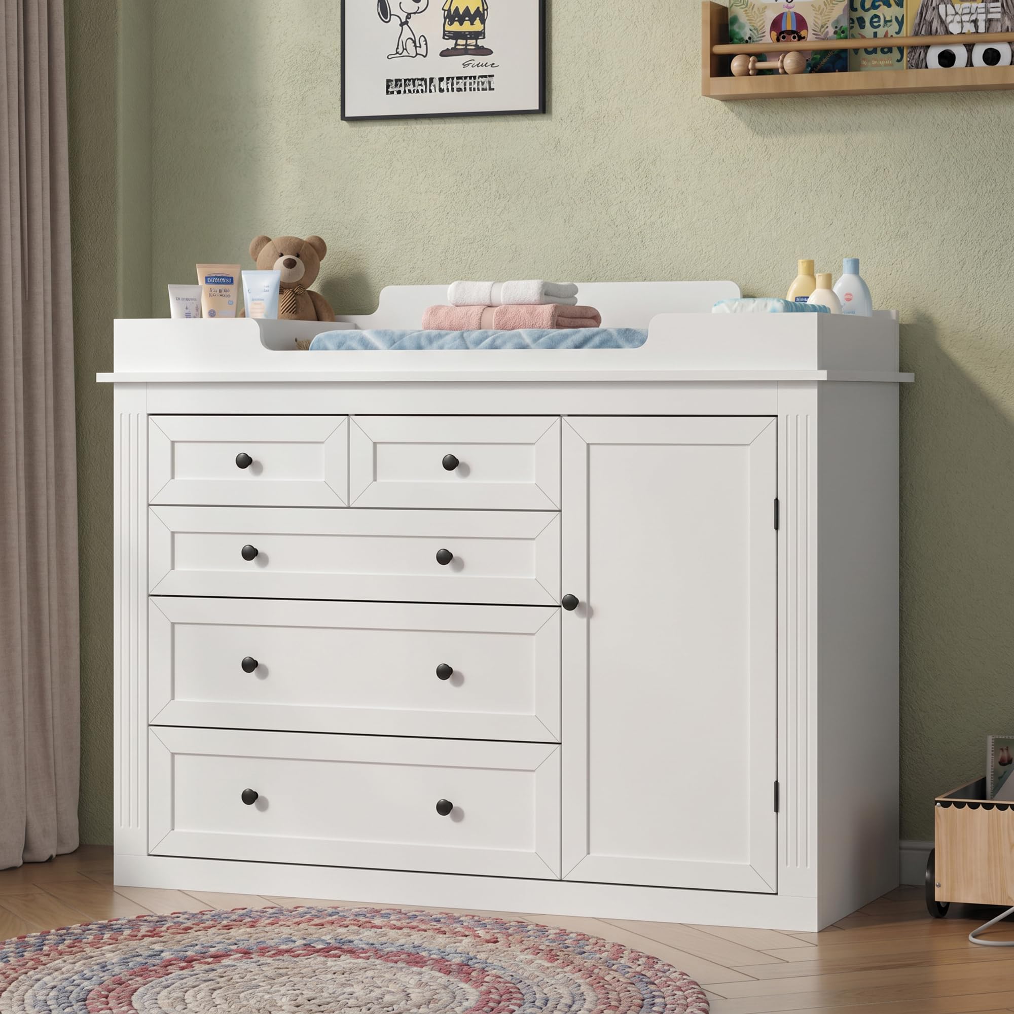 47"Baby Dresser with Large Table Top, White Baby Changing Table with Drawer | Mo