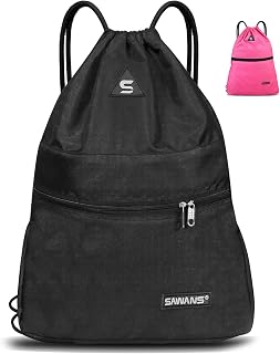 Drawstring Gym Sport Bag String Waterproof Pocket Zipper Sack Backpack for Women Men Travel Kit Bag for Hiking School Students PE Bag Outside Swimming Adult Beach Holidays (Black)