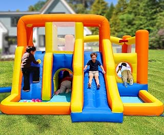 HuaKastro Dual-Zone Bouncy Castle with 2 Slides, 2 Climbing Walls, 2 Pools | Inflatable Bounce House Playset for Kids Ages 3–10 with Bounce Area, 2 Tunnels, Ball Pits, Basketball Hoop, Indoor & Outdoor