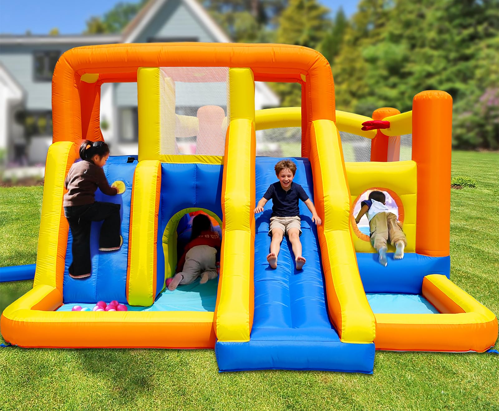 HuaKastro Dual-Zone Bouncy Castle with 2 Slides, 2 Climbing Walls, 2 Pools | Inf
