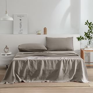 EVERLY Queen Size Bed Sheet Set 100% Pure French Washed Linen Deep Pocket 4 Pieces (1 Flat Sheet, 1 Fitted Sheet, 2 Pillowcases) Suitable for Hot Sleepers, Set of