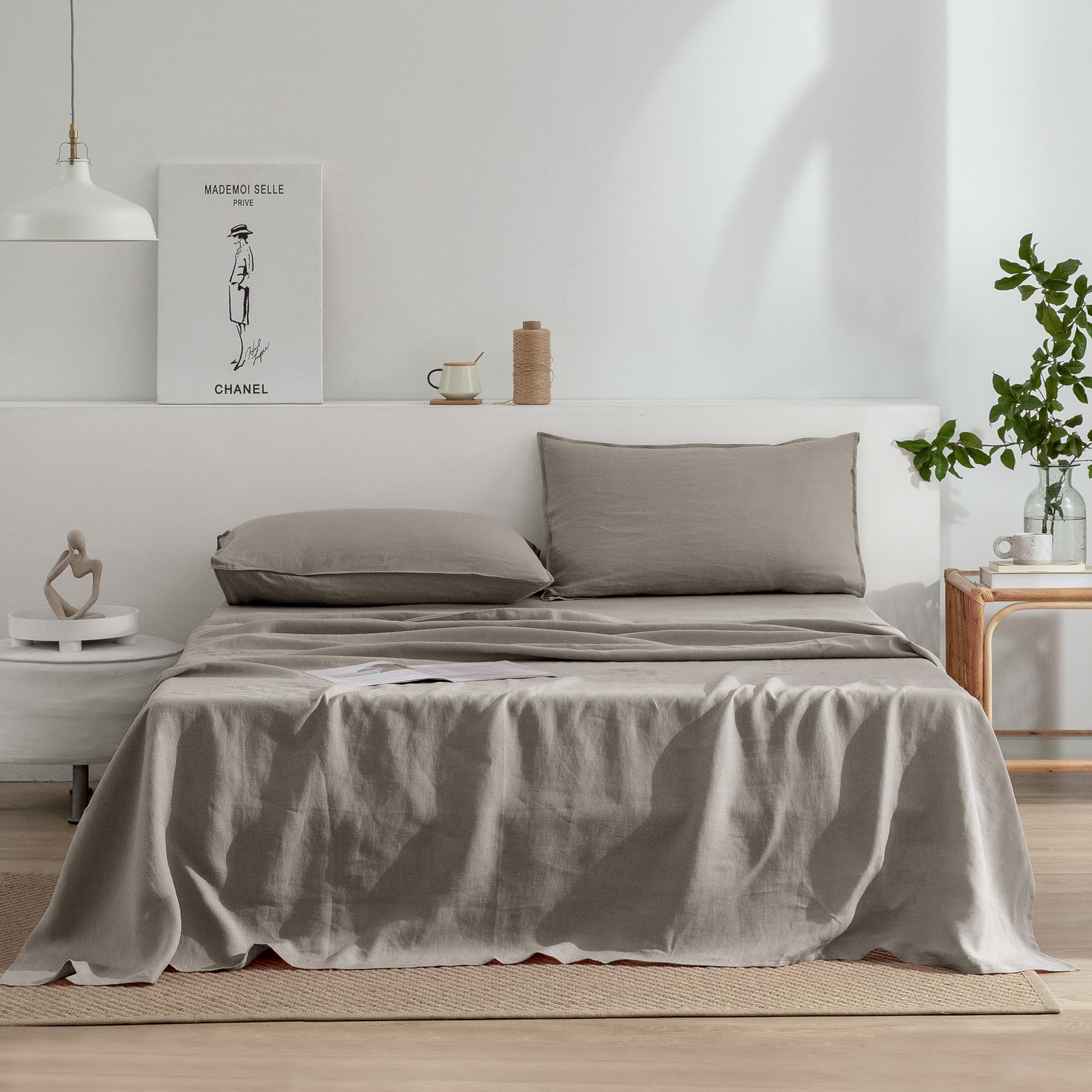 EVERLY Queen Size Bed Sheet Set 100% Pure French Washed Linen Deep Pocket 4 Piec