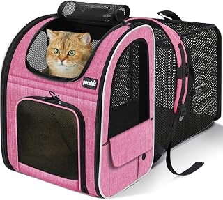 Pecute Cat Carrier Dog Backpack Expandable, Portable Breathable Rucksack with Front Opening-Mesh Window-Pockets, Extendable Back More Space Suitable For Carrying Puppy and Cats
