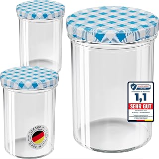 WELLGRO 12 x Preserving Jars with Screw Lids - 435 ml, 8.5 x 12 cm (Diameter x H), Glass/Metal, Blue Chequered Lids To 82, Jars Made in Germany