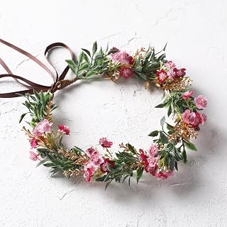 KorViSHOW Women Girl Flower Crown, Golden Green Leaves Pink Flower Headband | Renaissance Floral Headpiece Hair Wreath, Bridal Maternity Vacation Party, Festival Photo Prop