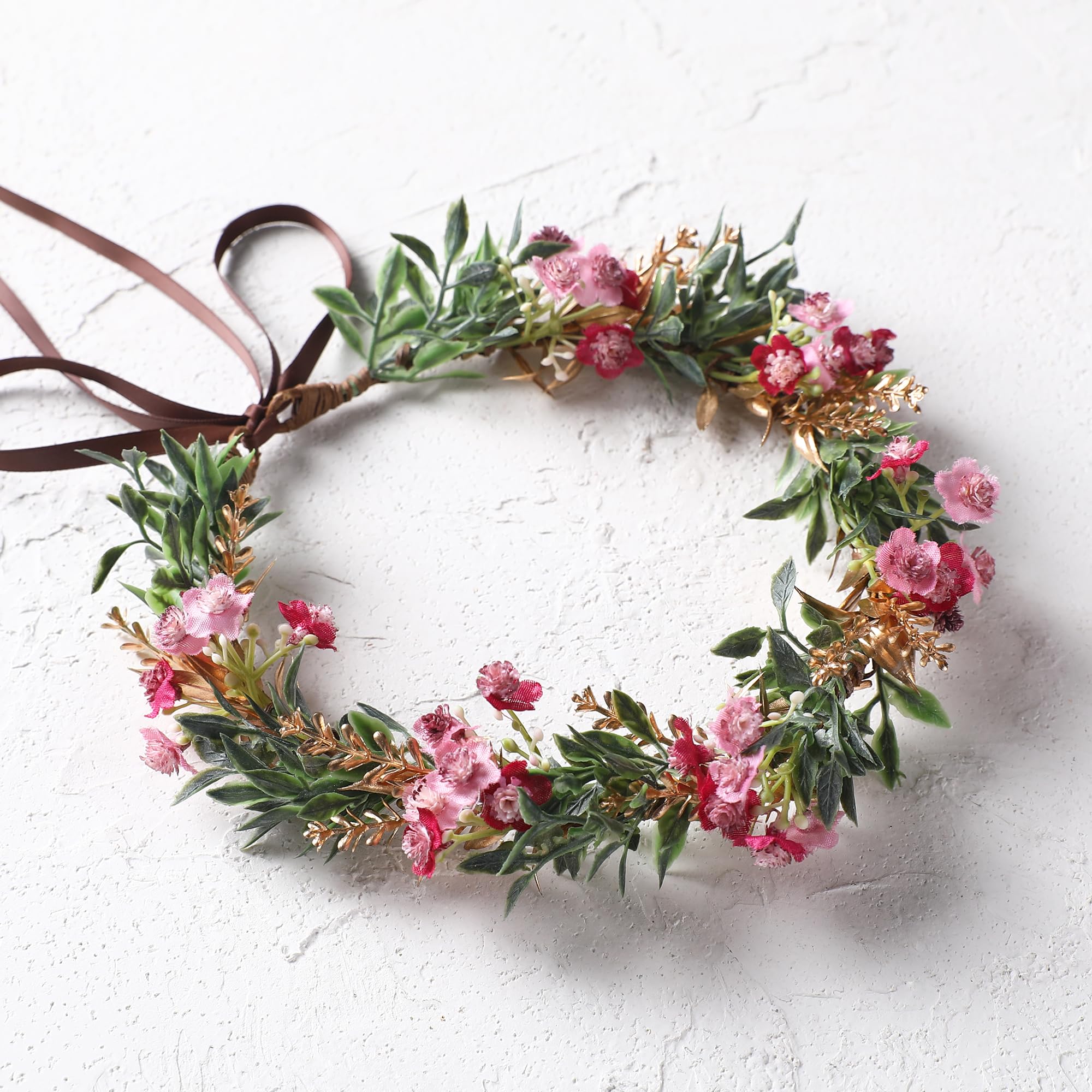 KorViSHOW Women Girl Flower Crown, Golden Green Leaves Pink Flower Headband | Re