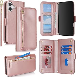 for iPhone 16 Wallet Case with Card Holder,for iPhone 16 Case Wallet for Women Men with Stand,PU Leather Magnetic Shockproof Zipper Pocket Wrist Strap Flip Phone Case-Rose Gold
