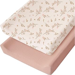 Konssy 2 Pack Muslin Changing Pad Covers for Baby Girls Boys, 32"x16" | 100% Cotton, Soft &amp; Breathable, Fitted Diaper Changing Table Sheets, Full Elastic Fit, Floral &amp; Solid Designs (Floral,Pink)