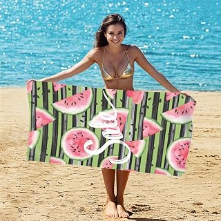 Beach Towel with Green and Watermelon Stripe Design, Lightweight and Quick Drying Blanket for Pool Vacation, Travel, Summer Outdoor Use