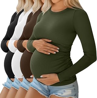 Ficerd Pack of 4 Women's Maternity Tops Long Sleeve Cotton Round Neck Ribbed Pregnancy Dresses