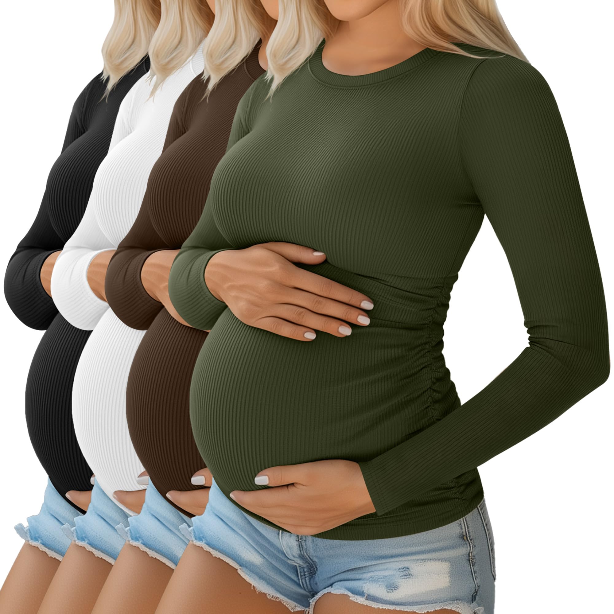Ficerd Pack of 4 Women's Maternity Tops Long Sleeve Cotton Round Neck Ribbed Pre
