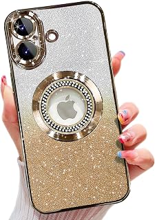 Misscase Magnetic Glitter Case for iPhone 17, Cute Full Protection Slim Shockproof Anti-Scratch Glitter Case with Camera Lens Protector Logo Dustproof Mesh for Women (Gold)