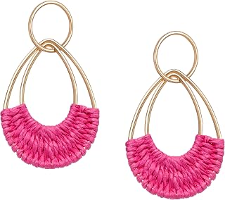 Raffia Hoop Earrings for Women Fun Boho Summer Beach Earrings Lightweight Handmade Straw Wicker Rattan Dangle Earrings Statement Geometric Round Drop Earrings