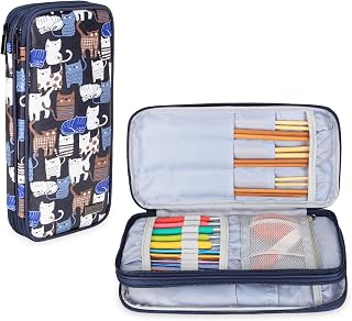 Teamoy Knitting Needles Organizer, Travel Crochet Hook Case, Blue Cats | Crochet Needles Storage Bag for Circular and Straight Knitting Needles(up to 10"), Crochet Hooks and Accessories, Bag Only
