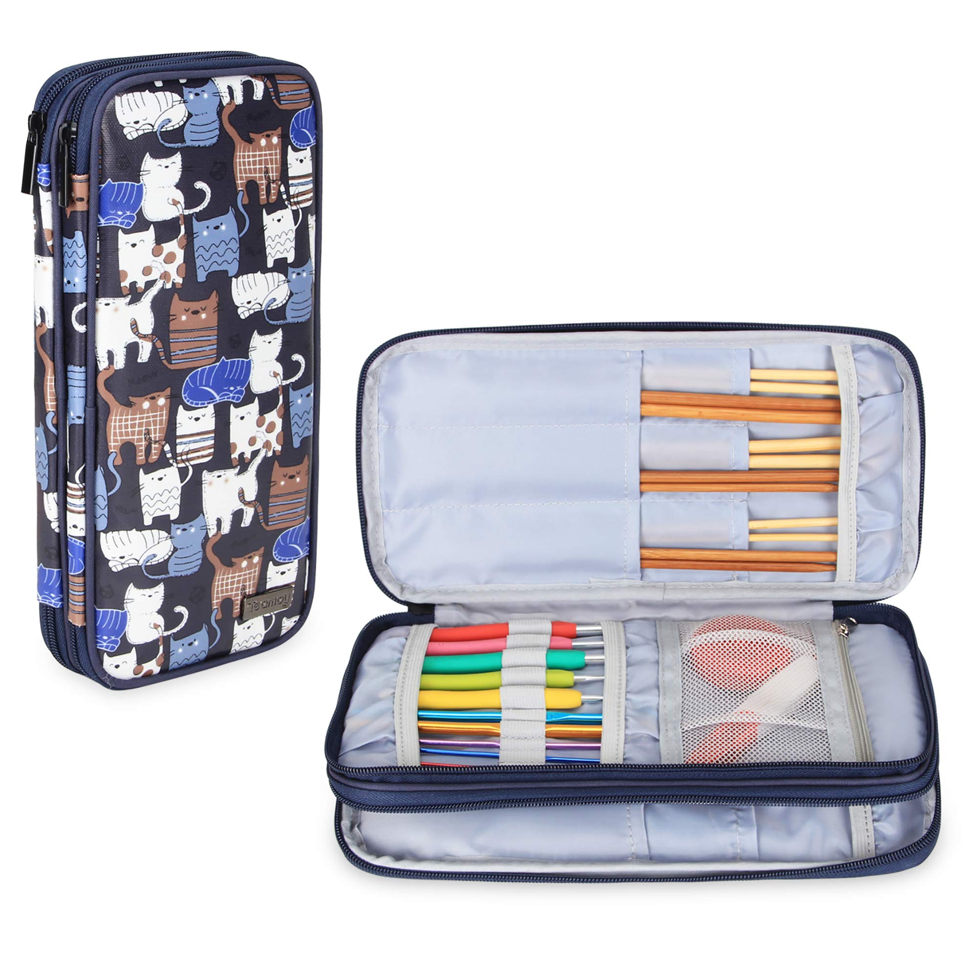 Teamoy Knitting Needles Organizer, Travel Crochet Hook Case, Blue Cats | Crochet