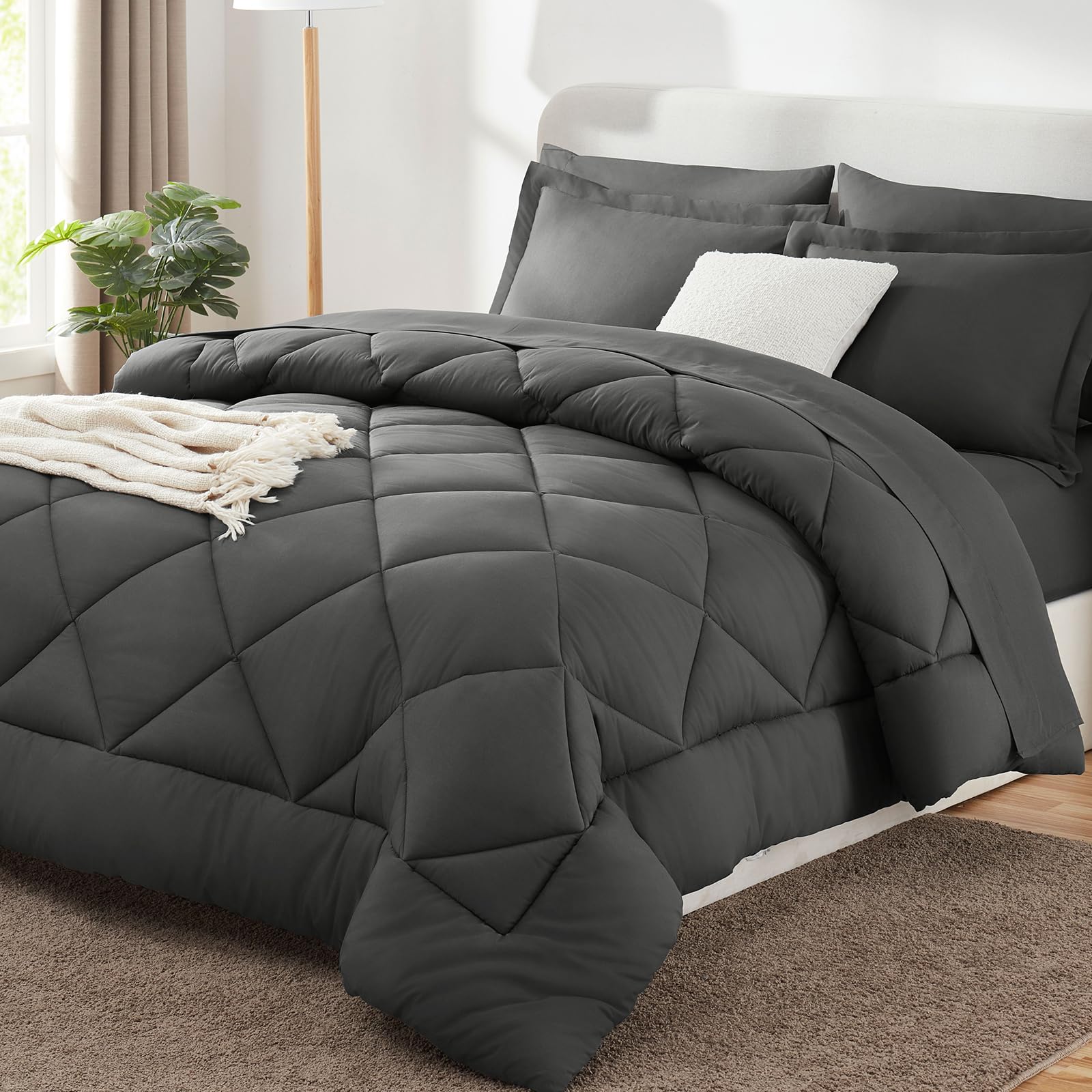 CozyLux Queen Comforter Set 88"x88" Dark Grey - 7 Piece Bed in a Bag | Fits Matt